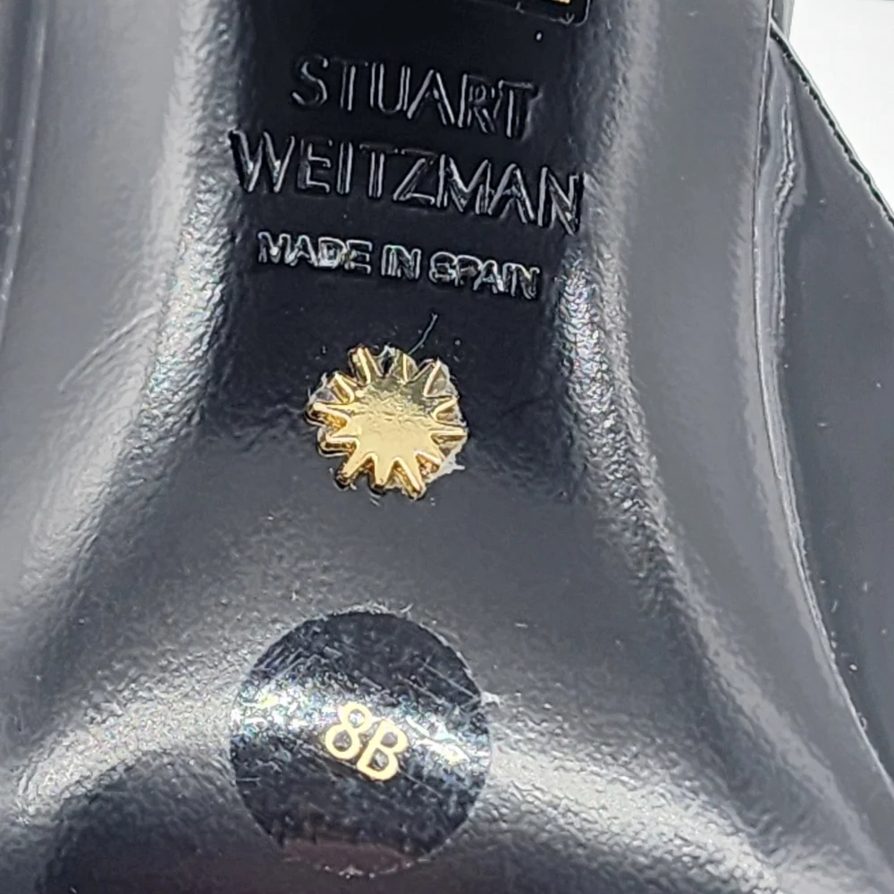 $525 Stuart Weitzman TIA 85 Flareblock Black Patent Open Toe Slide Size 8
